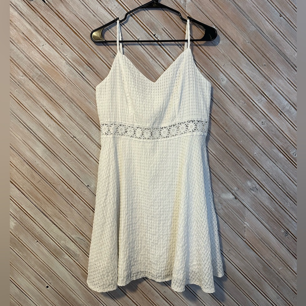 Bright White Floral Lace Waist Embroidered Spaghetti Strap Mini Dress